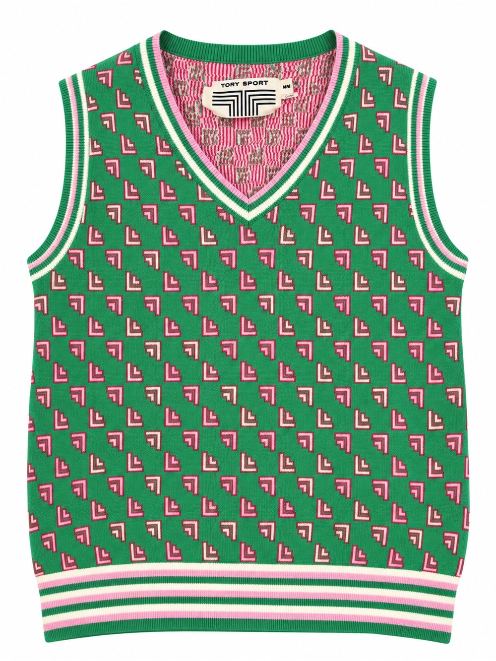 Tory Sport Green V-Neck Knit Vest with Pink and White Accents